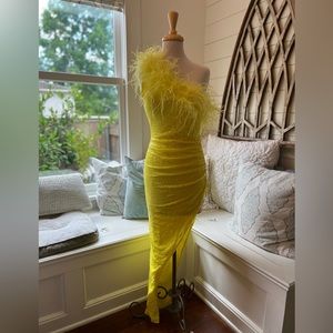 NWT Fashion Nova Yellow Sequin Prom Dress with Feather Top Small